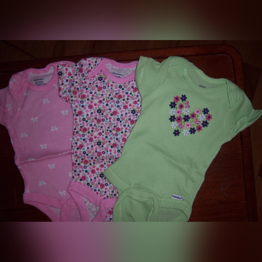 Gerber Baby Girl 3-Pack Bodysuits Onesies Pink Green Floral Butterfly